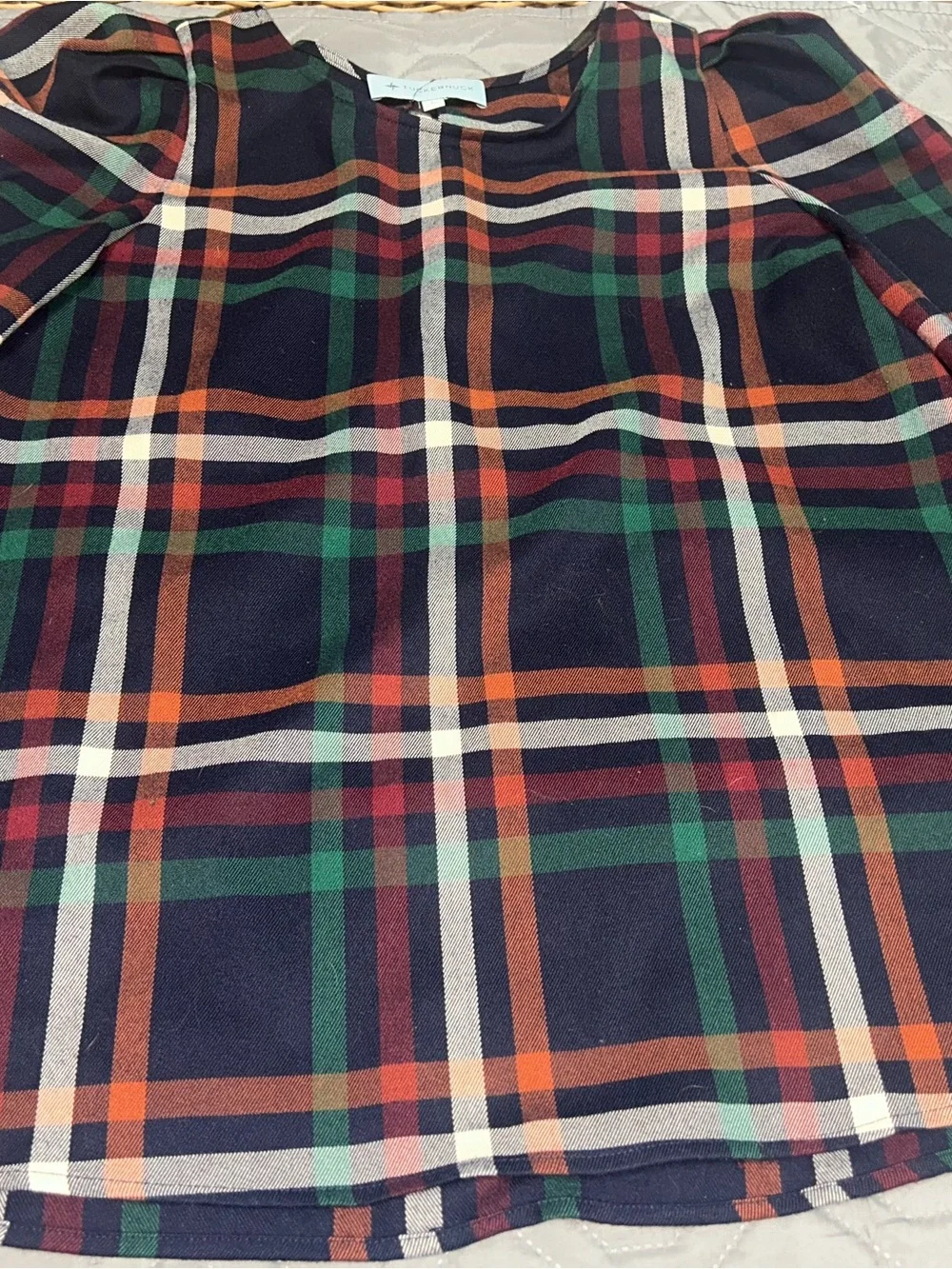 Tuckernuck Navy Plaid Top with Orange, Green, Burgundy and Cream Accents Lg